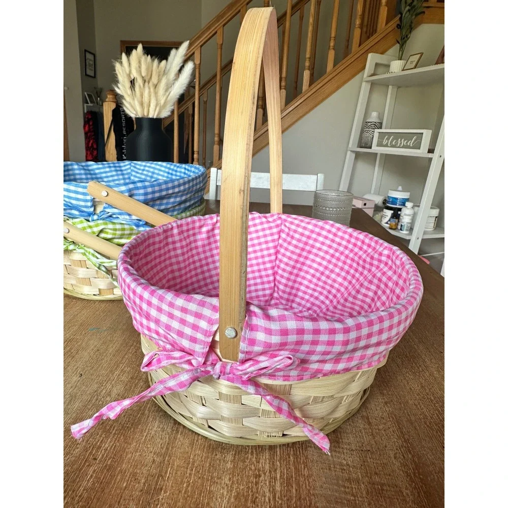 Set of 3 Woven Bamboo Easter Baskets Gingham Plaid Liners Pink Blue Green Handle
